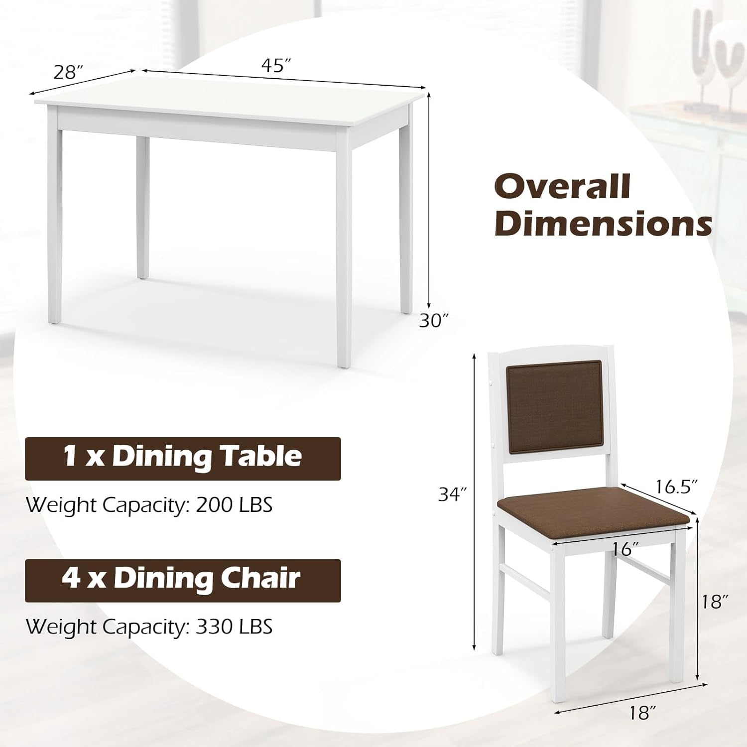 5-Piece Solid Wood Dining Set with Upholstered Chairs