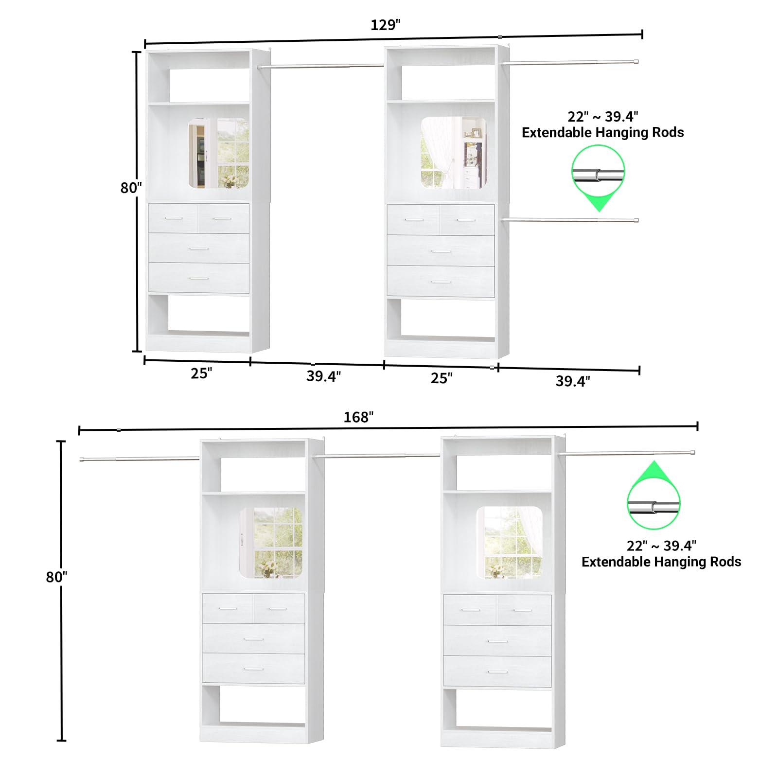 Walk-In Closet Organizer with 8 Drawers and Mirror