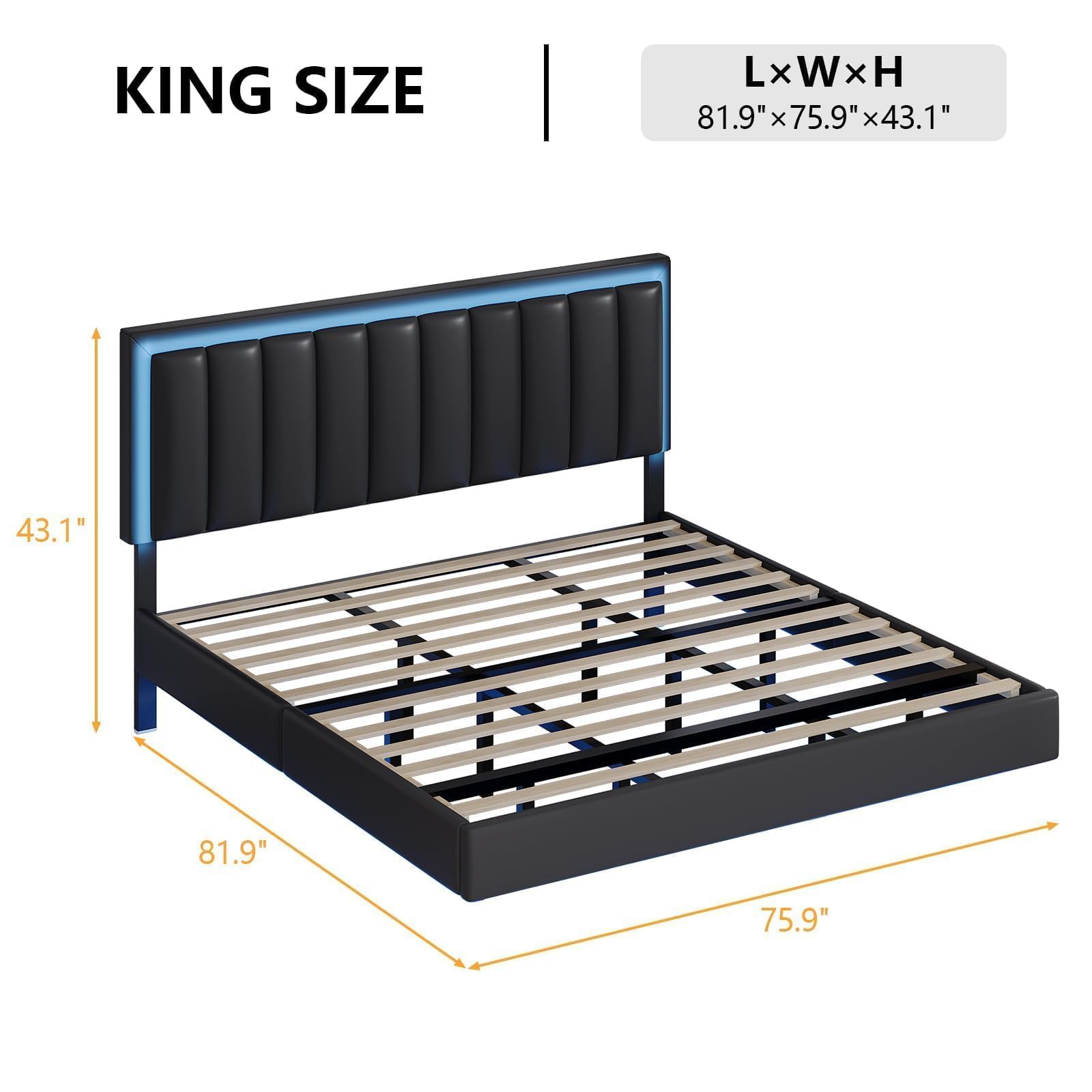 King Floating Bed Frame with LED Lights