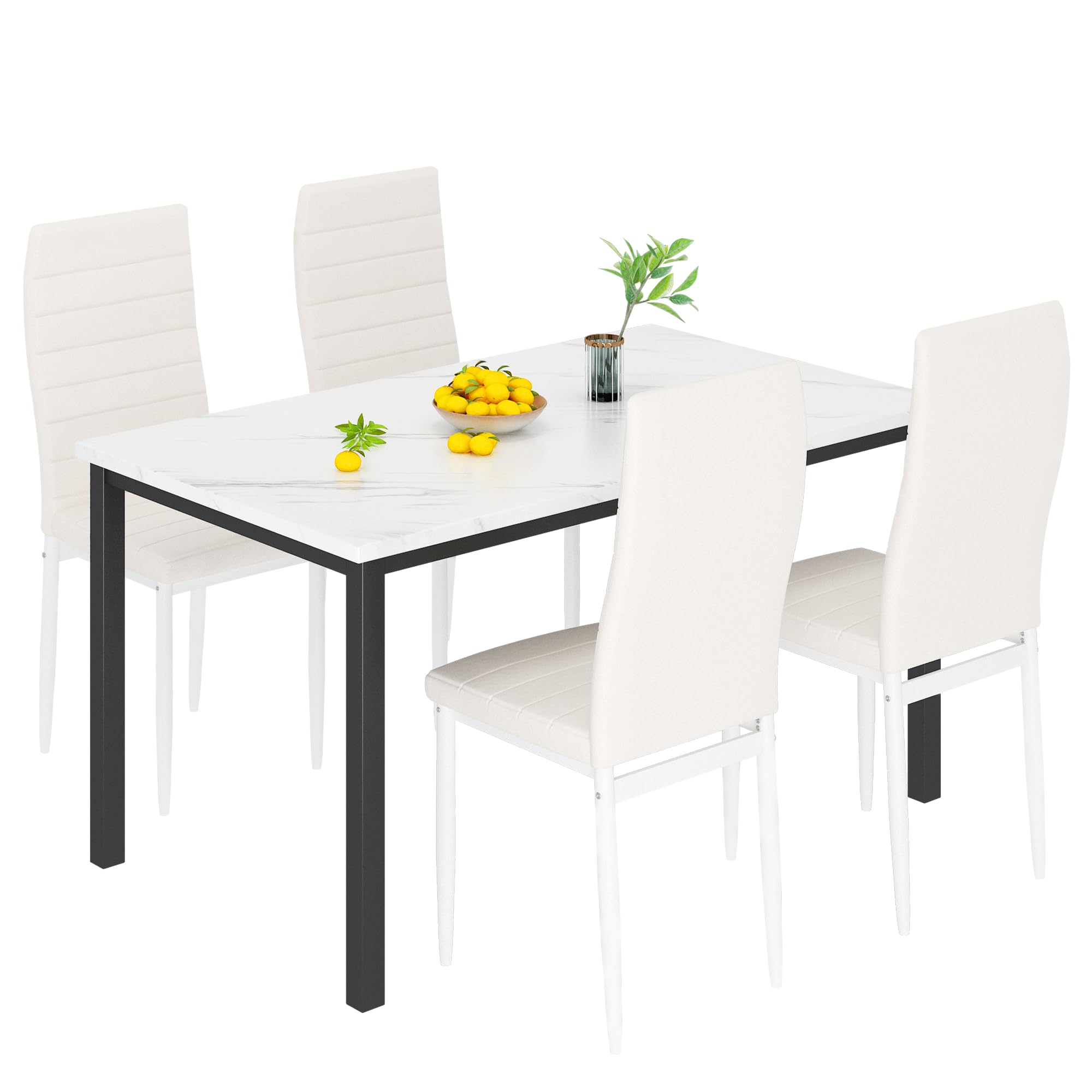 Lamerge Kitchen Tables Set for 4, Dining Faux Marble Top Table and 4 PU Leather Chairs, 5 Pieces Dining Room Table Set for Small Space, Breakfast Nook and Apartment,White+Beige,Dining Table024