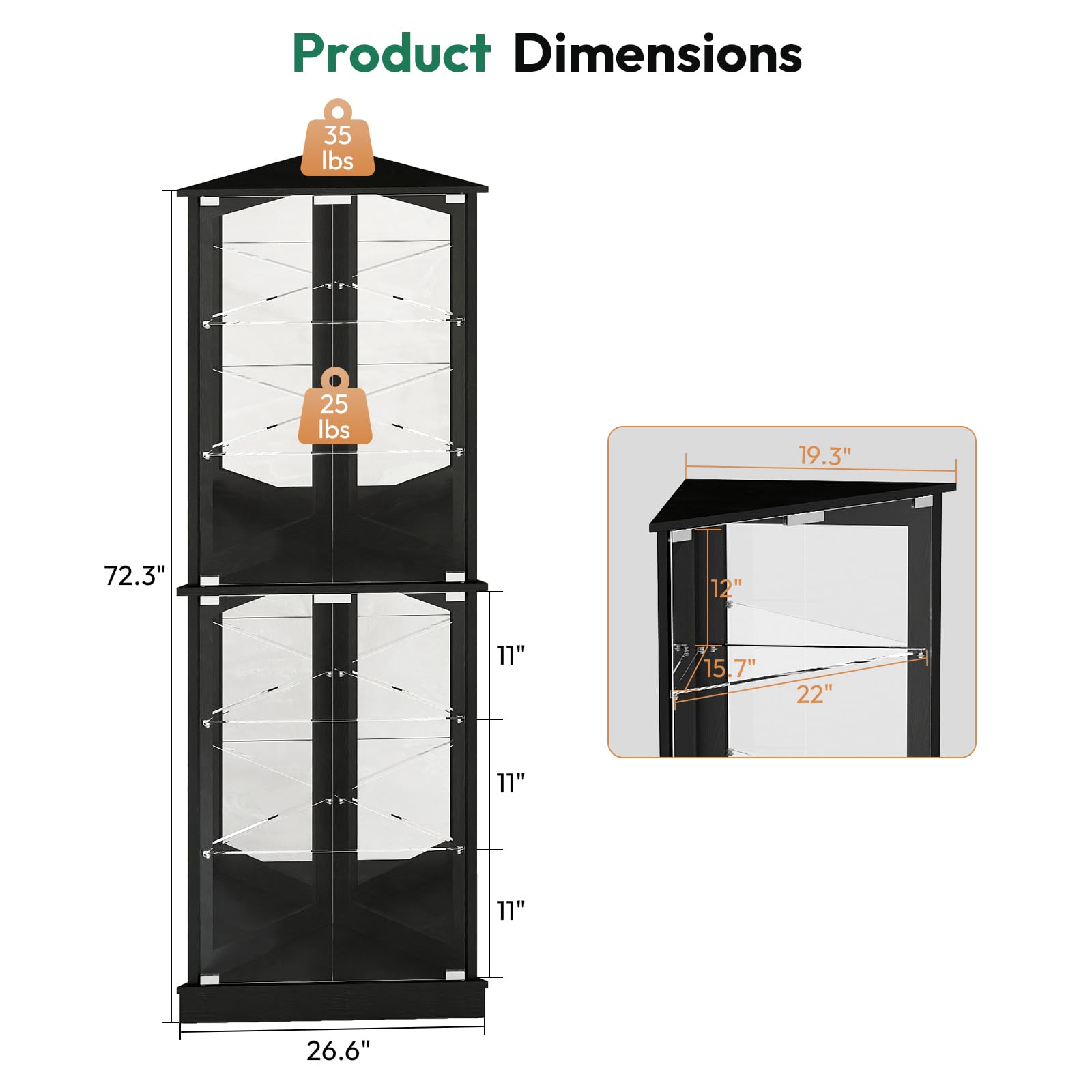 72" Corner Display Cabinet with Glass Doors and LED Lights