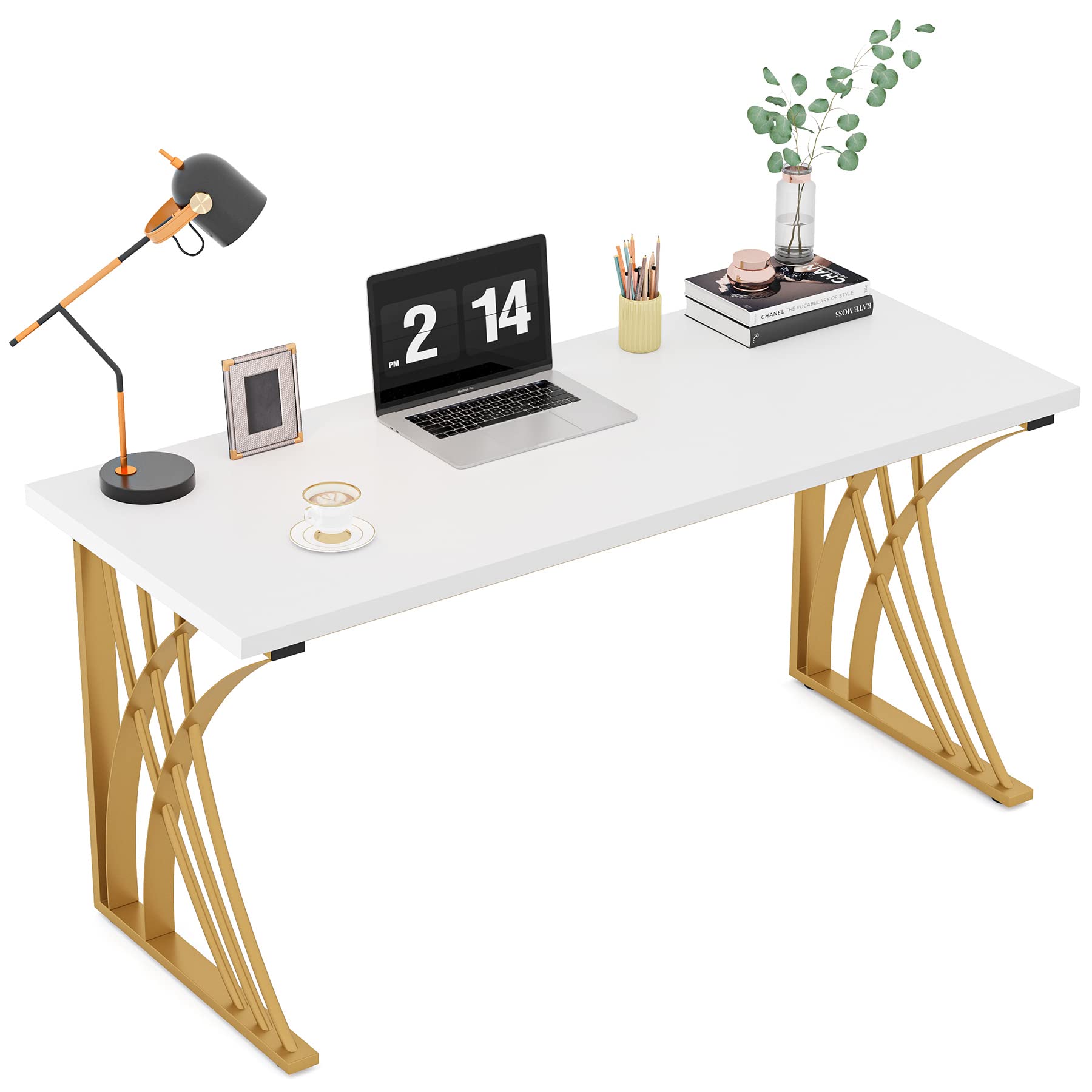 55" Modern Computer Desk White & Gold