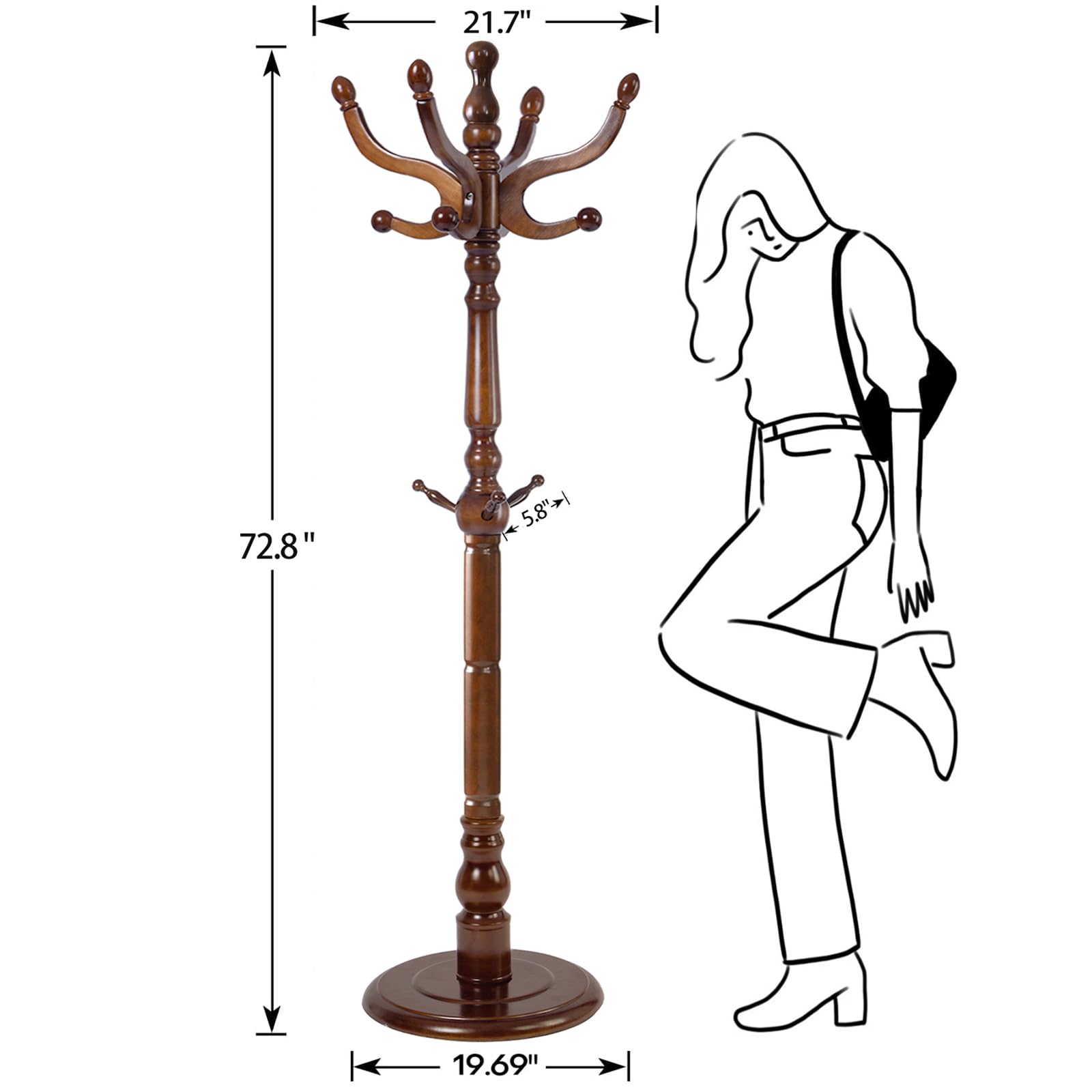 Wood Coat Rack Freestanding with 11 Hooks