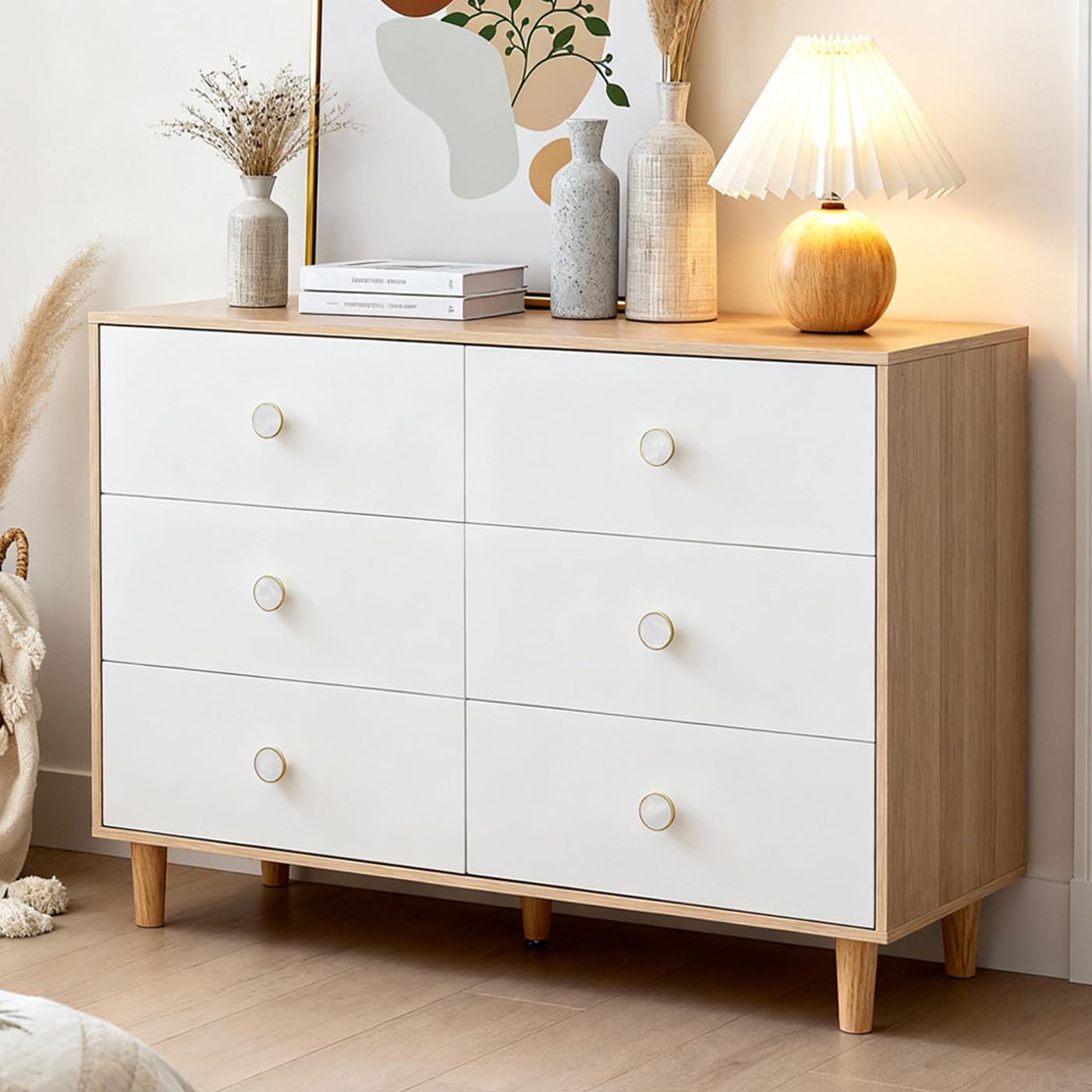 White Dresser 6 Drawer with Solid Wood Legs
