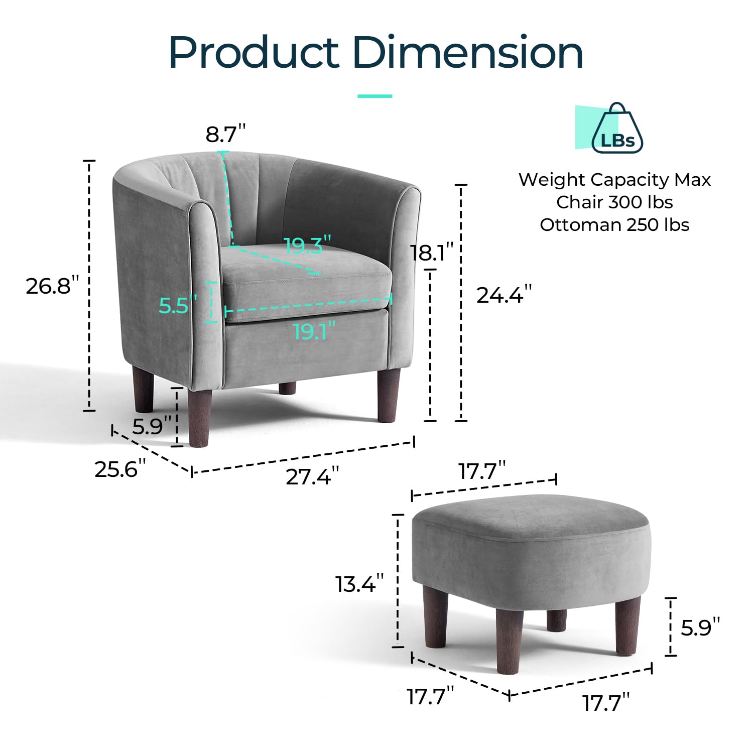 LINSY Accent Chair with Ottoman, Modern Barrel Chair Comfy Armchair Reading Chair with Footrest, Round Arms Chair for Living Room Bedroom Reading Room, Velvet, Light Grey