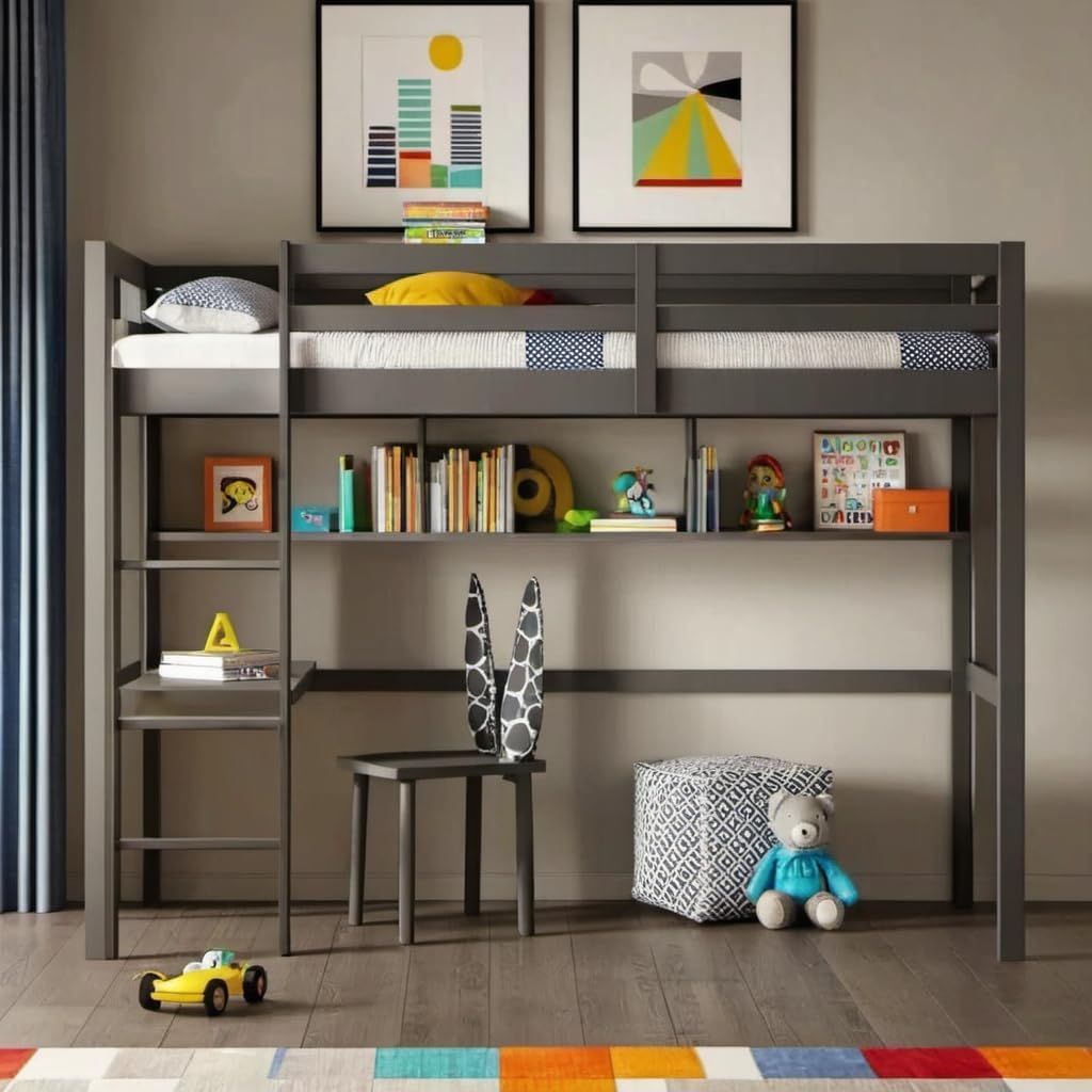 Twin Size Loft Bed with Shelves and Desk