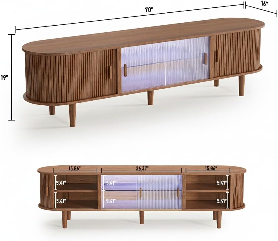 70" Fluted TV Stand with LED Lights and Sliding Doors