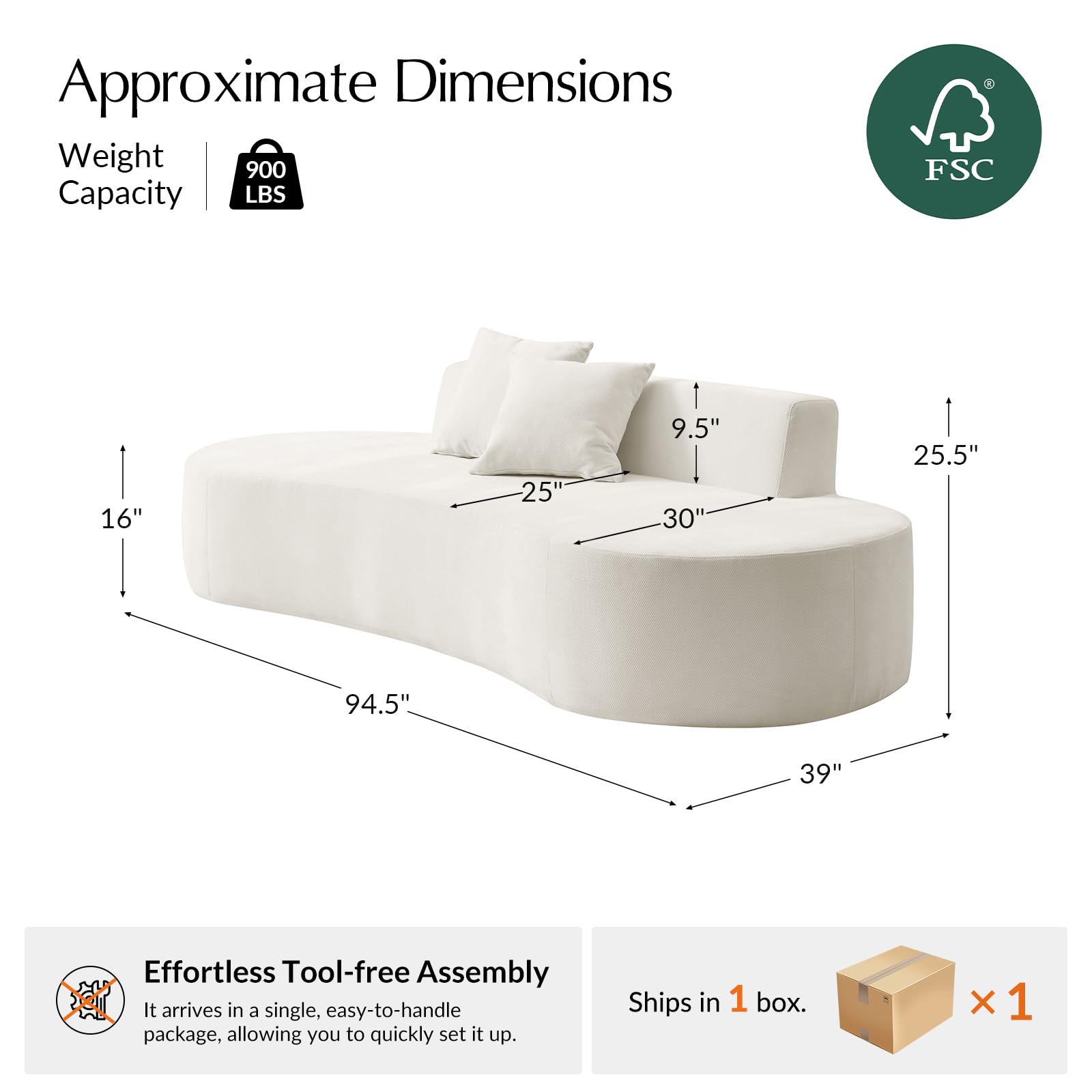 94.5" Curved Boneless Couch with Two Pillows