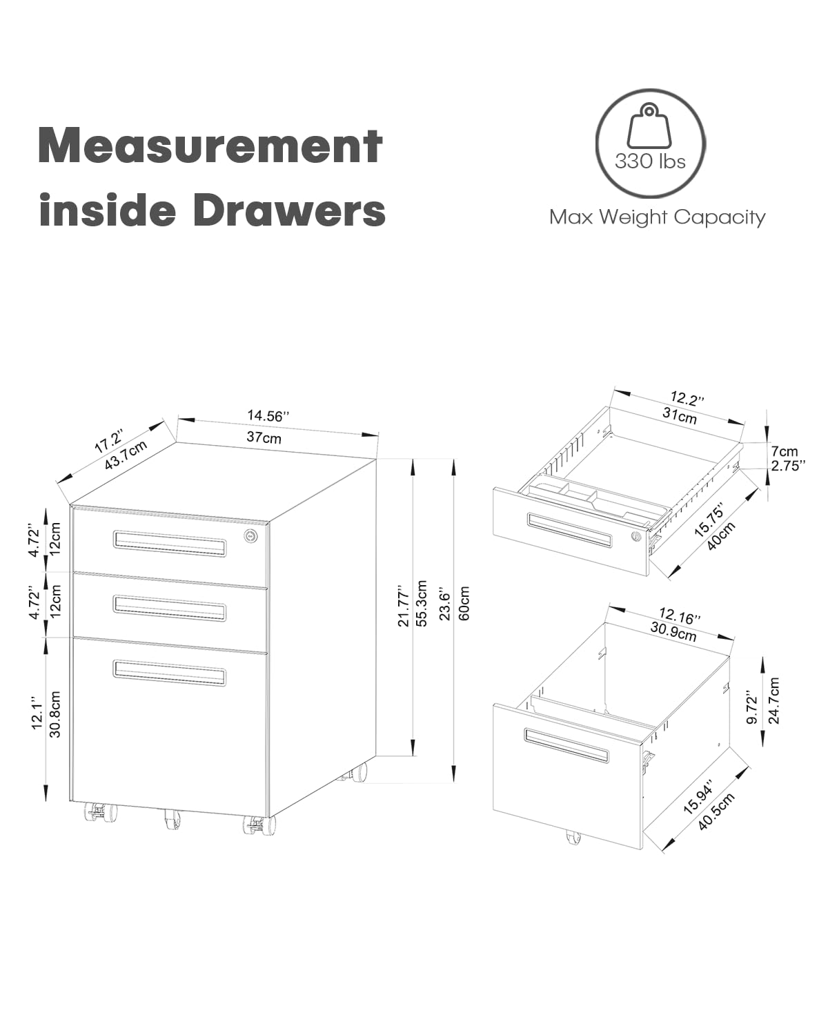 3 Drawer Mobile File Cabinet with Lock on Wheels