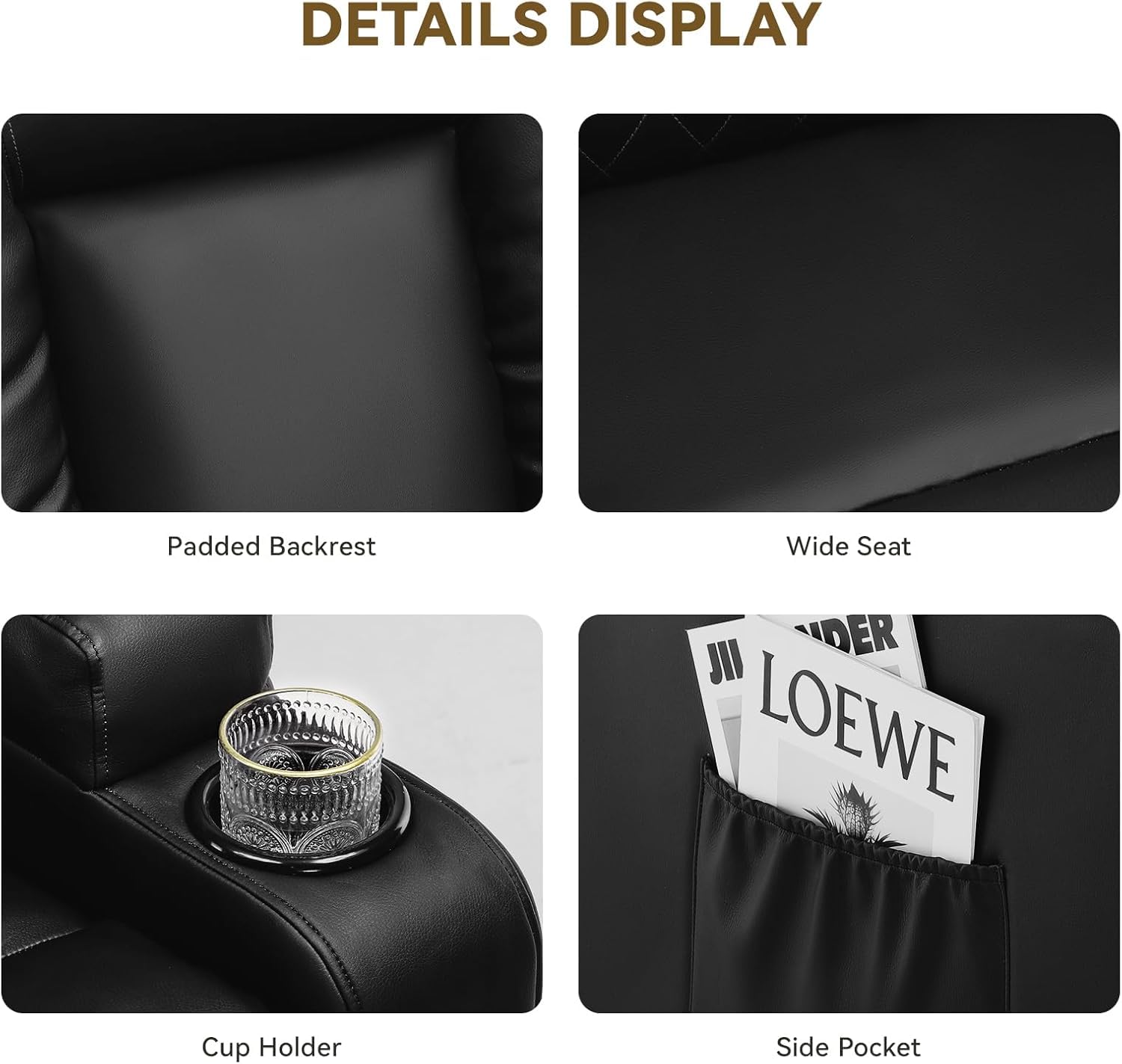 COMHOMA Recliner Chair, Swivel Rocker Recliners, Reclining Sofa with Side Pockets, Cup Holders for Living Room, Bedroom (Black)