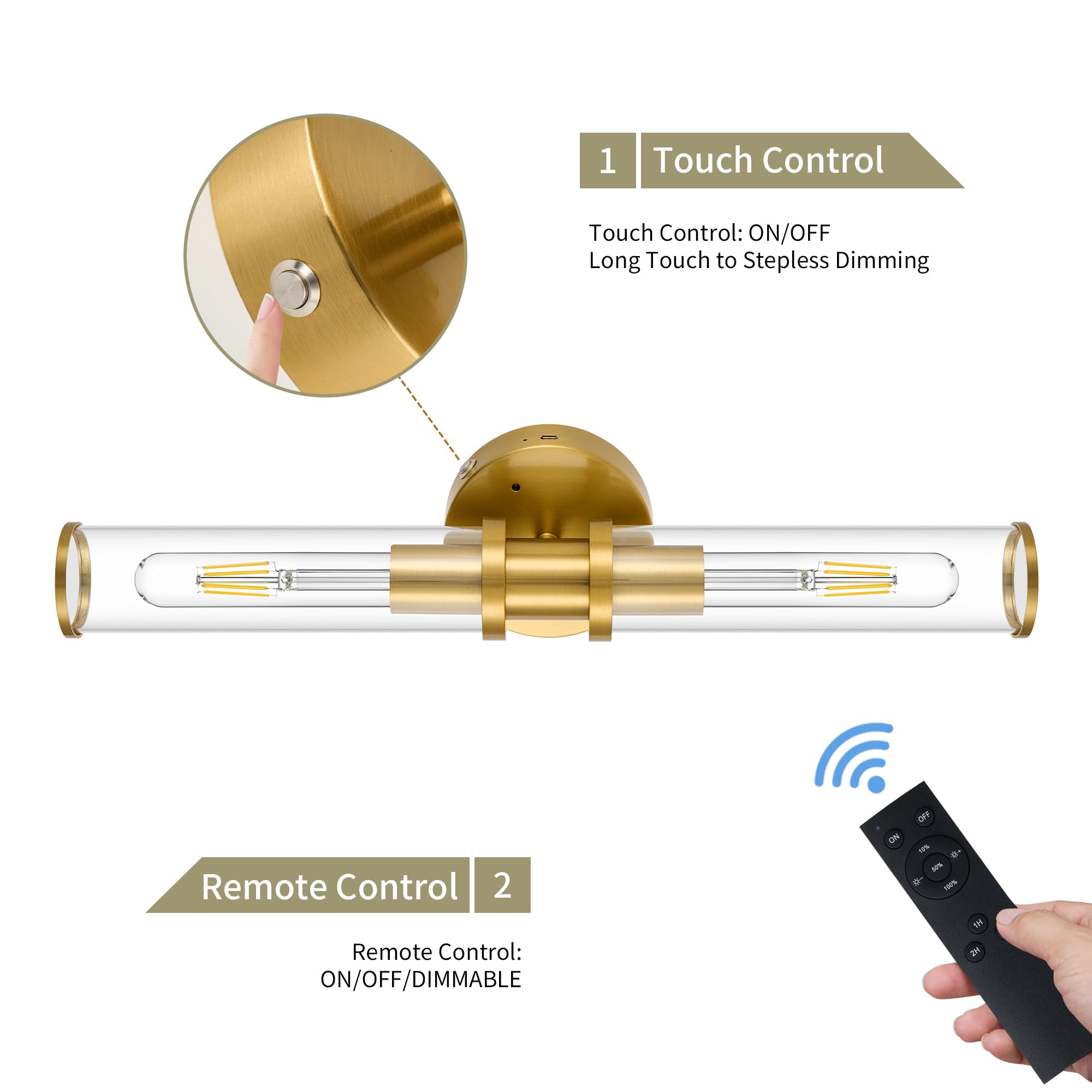 Battery Operated Wall Sconce Set with Remote Control - Dimmable Rechargeable LED Wall Lights