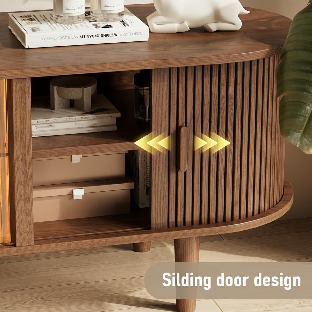 70" Fluted TV Stand with LED Lights and Sliding Doors