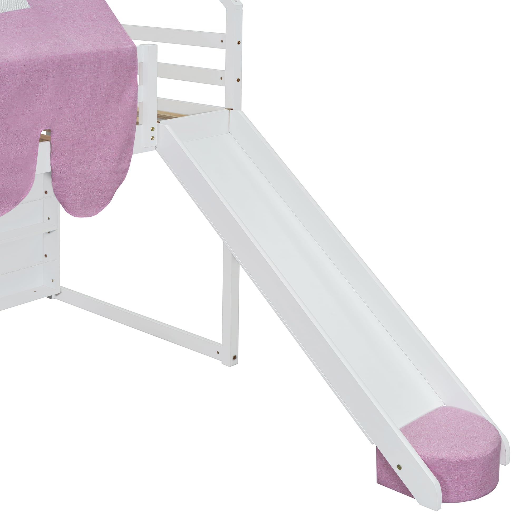 LZ LEISURE ZONE Twin Size Loft Bed with Slide, Wooden Twin House-Shaped Frame with Ladder, Shelves and a Tent, White