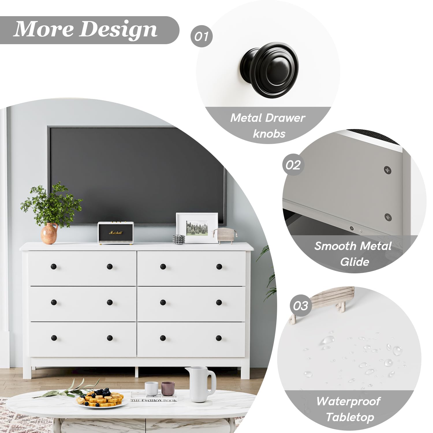 White 6 Drawer Dresser with Black Knobs