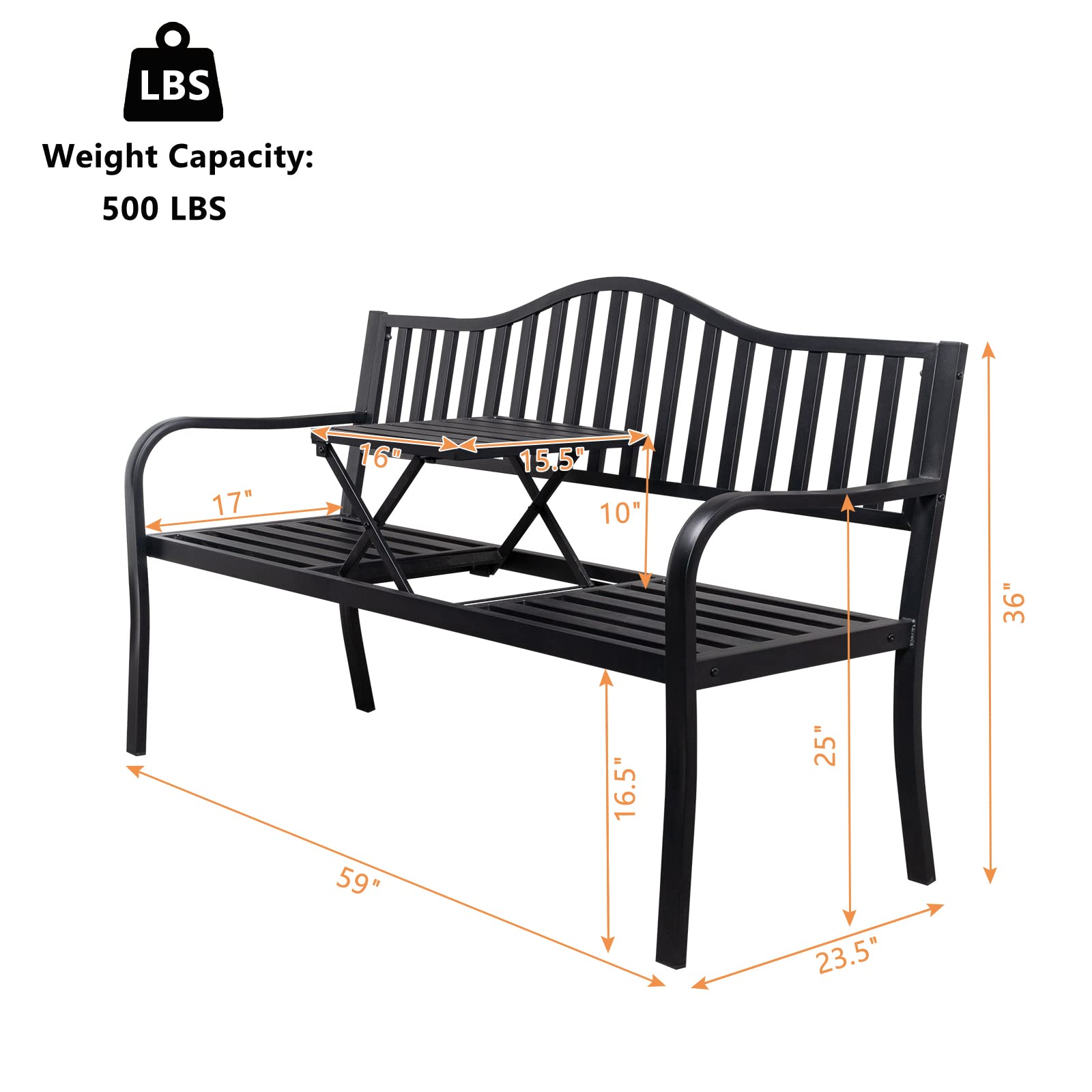 Outdoor Metal Bench with Built-in Table