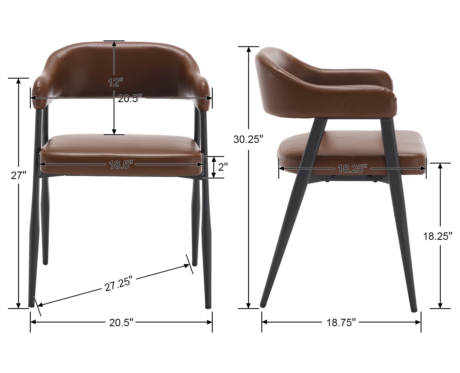 Brown Leather Dining Chairs Set of 4 with Black Metal Legs