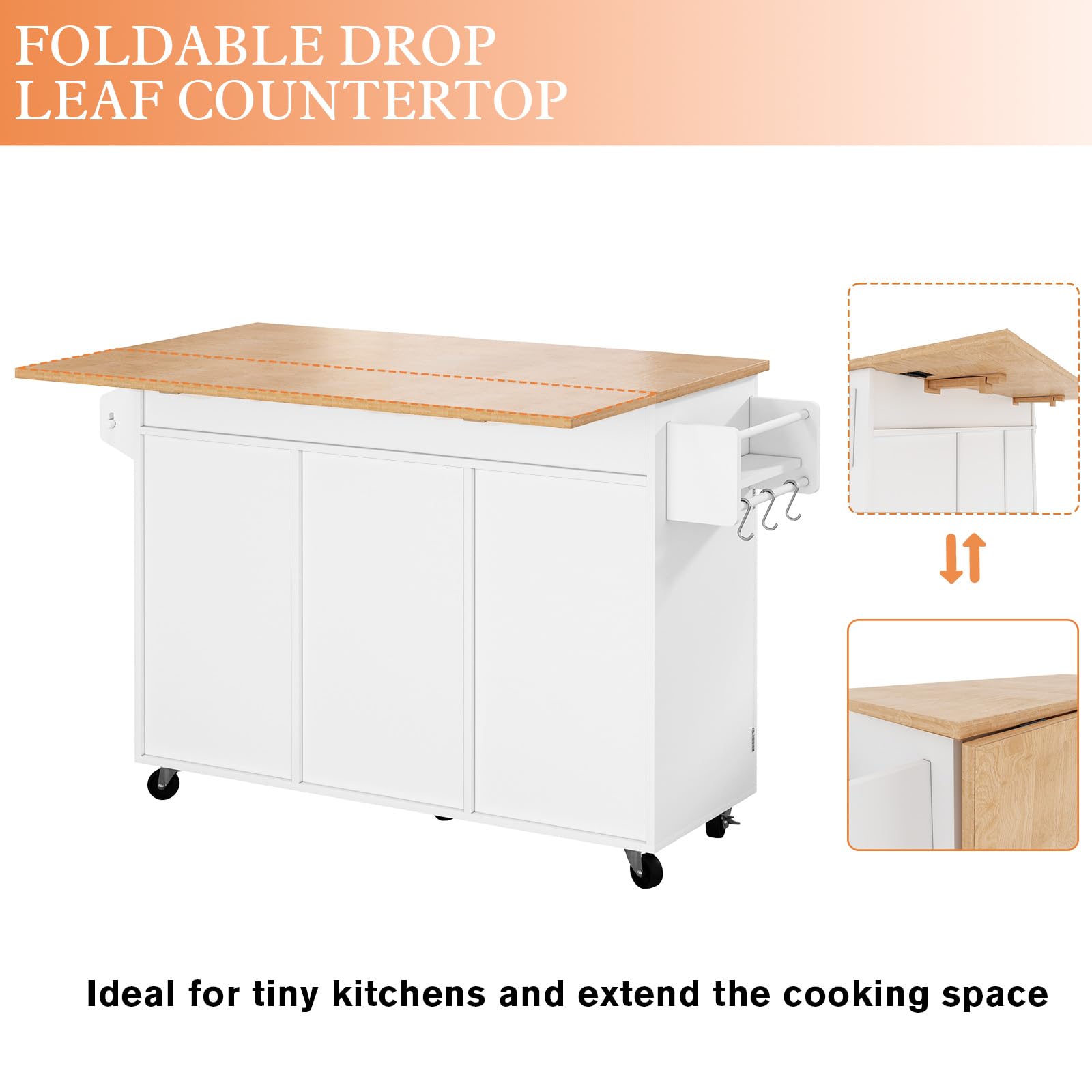Rolling Kitchen Island Cart with Drop Leaf and Storage