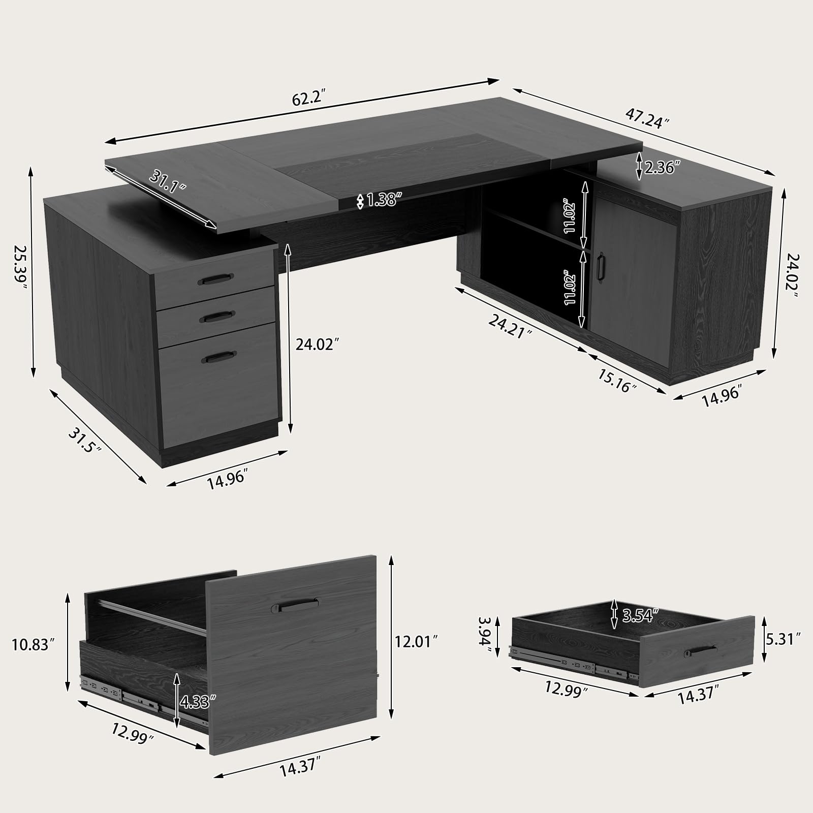 L-Shaped Desk with Drawers and Power Outlet