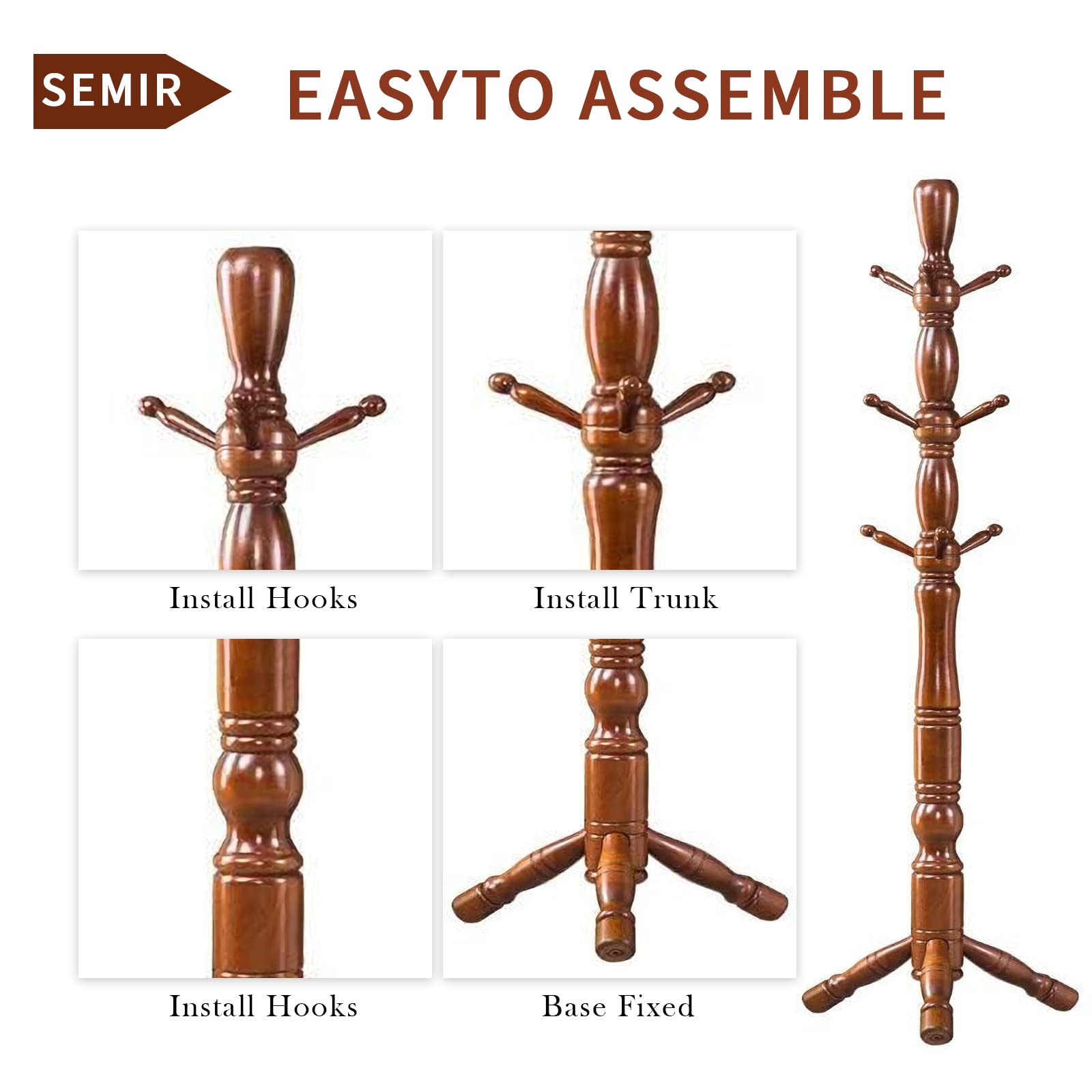 Wood Coat Rack Hall Tree with Triangle Base and 9 Hooks