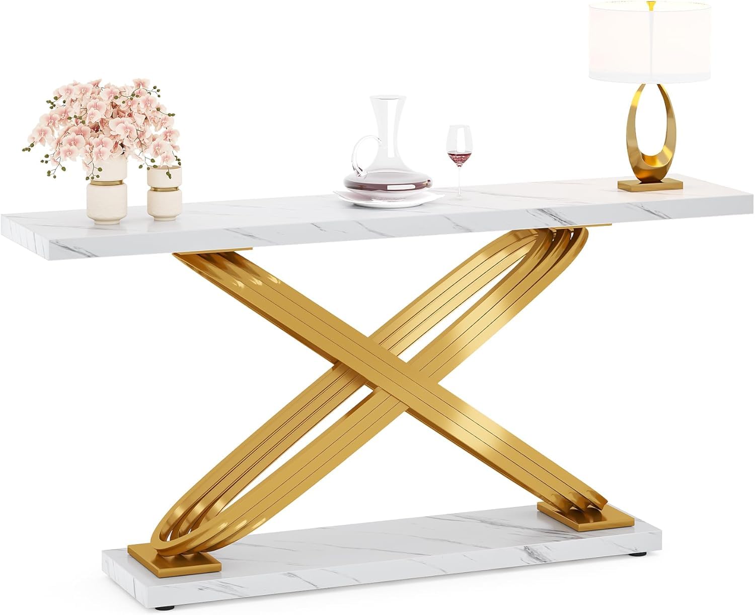 55 Inch Modern Console Table with Gold Metal Frame
