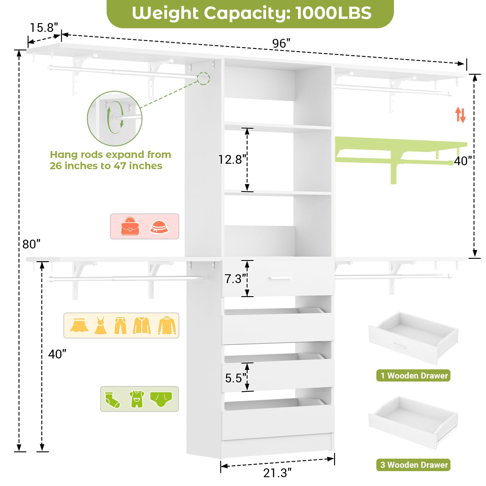 Closet System with Drawers and Hanging Rods