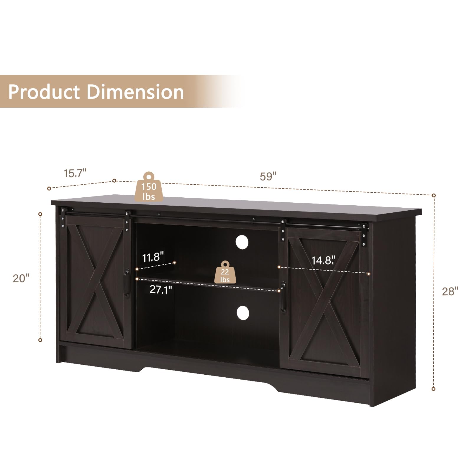 65 Inch TV Stand with Sliding Barn Doors and Storage Cabinets