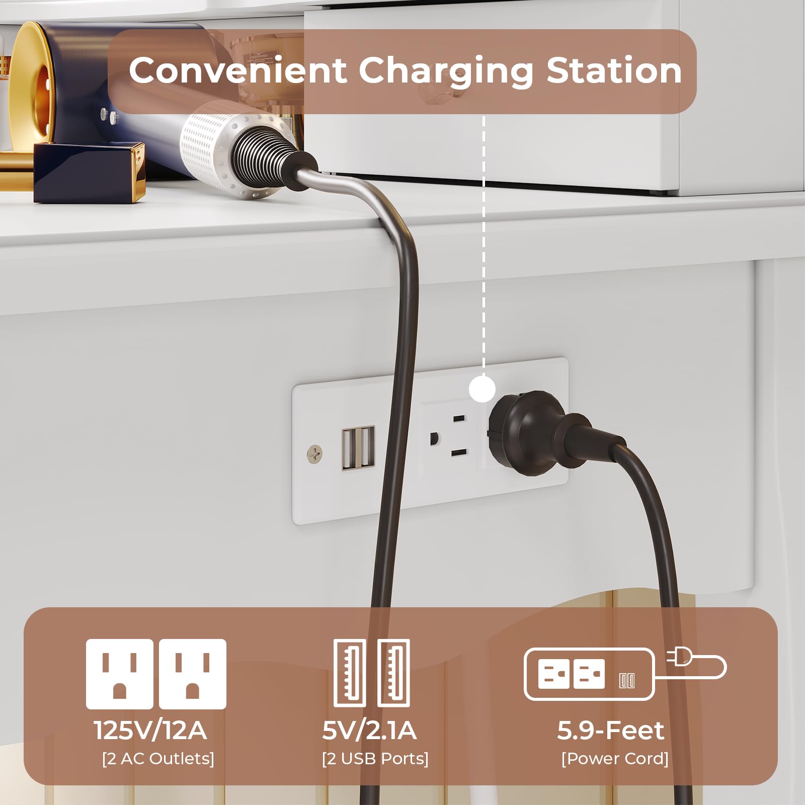 White Makeup Vanity with Lights and Charging Station