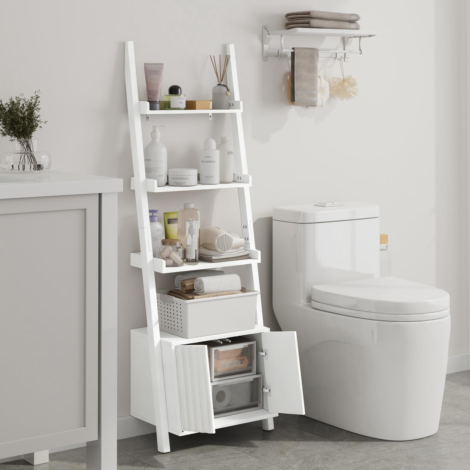 Four-Layer Ladder Bookshelf with Storage Cabinet