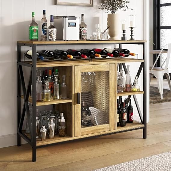 Industrial Wine Bar Cabinet with Wine Rack and Stemware Holder
