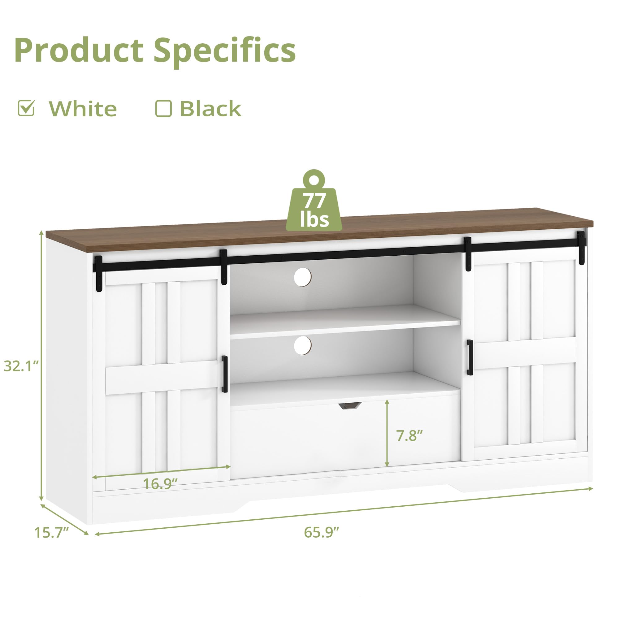 TV Stand for 65 Inch TV with Storage Cabinets and Sliding Barn Doors