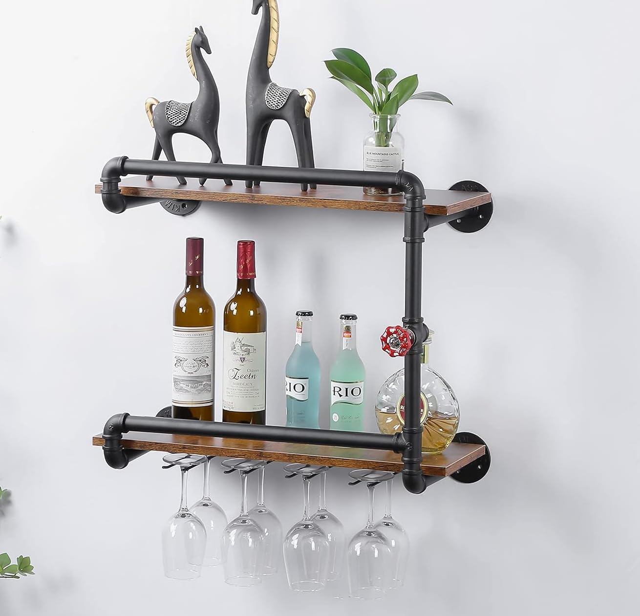 2-Tier Wall Mounted Wine Rack with Glass Holder