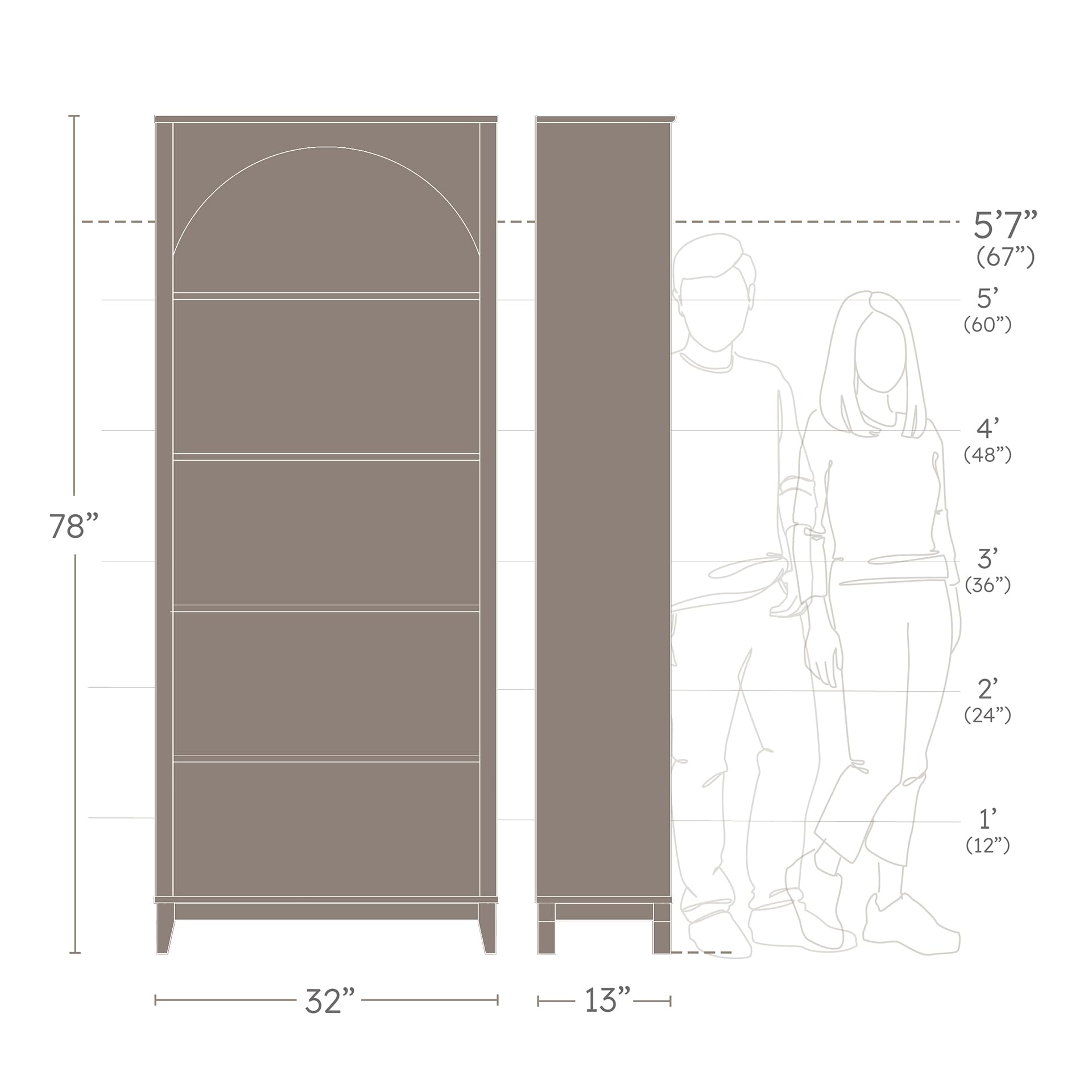 Arched Bookcase 78" Tall 5-Tier with Adjustable Shelves