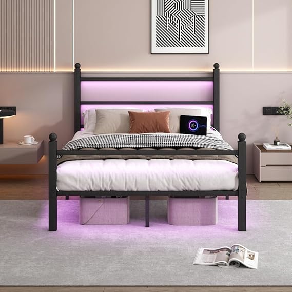 Full Size Metal Bed Frame with LED and USB Charging