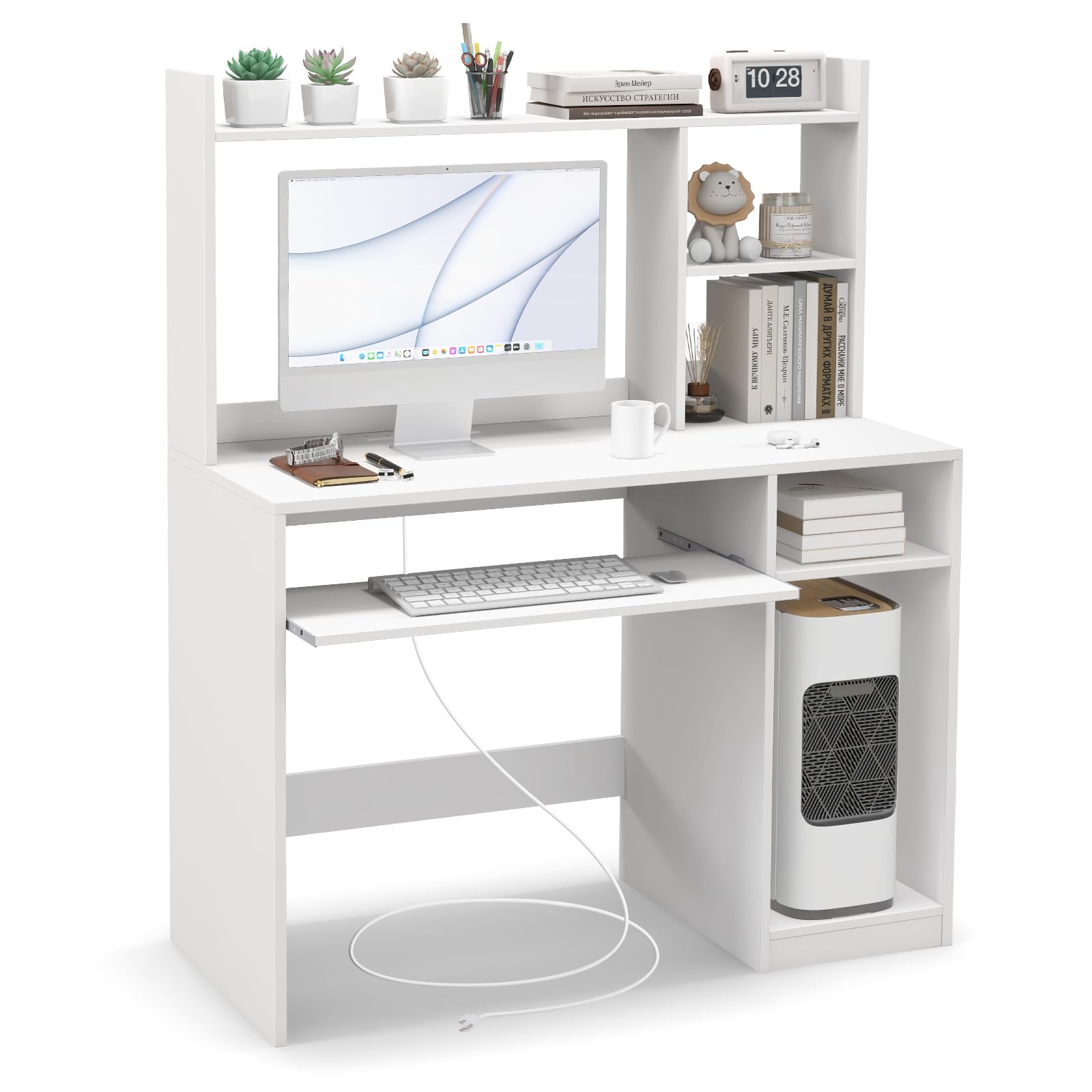 White Computer Desk with Hutch and Power Outlet