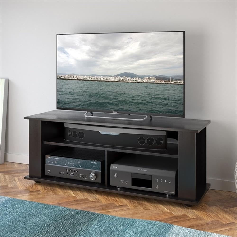 CorLiving Bakersfield Black Engineered Wood TV Stand with Open Shelves Including Sound Bar Space for TVs up to 55"