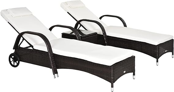 Wicker Outdoor Chaise Lounge Chair Set of 3 with Side Table