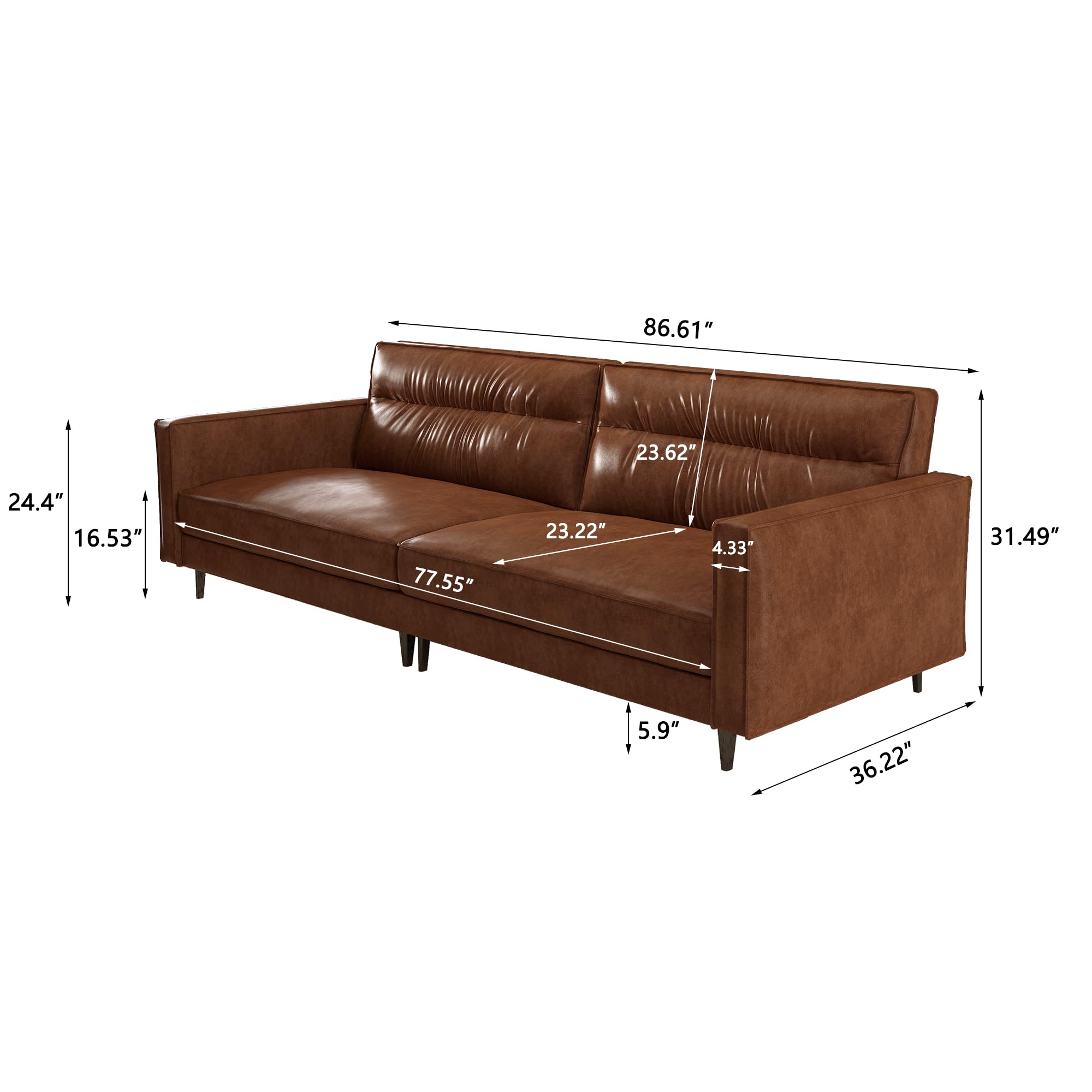 NessCarsti Faux Leather Sofa 86.61" for Three, Medieval Style, Simple and Fashionable Design, Solid Wood Frame with Metal Legs, for Modern Living Room, Bedroom, Office, Brown