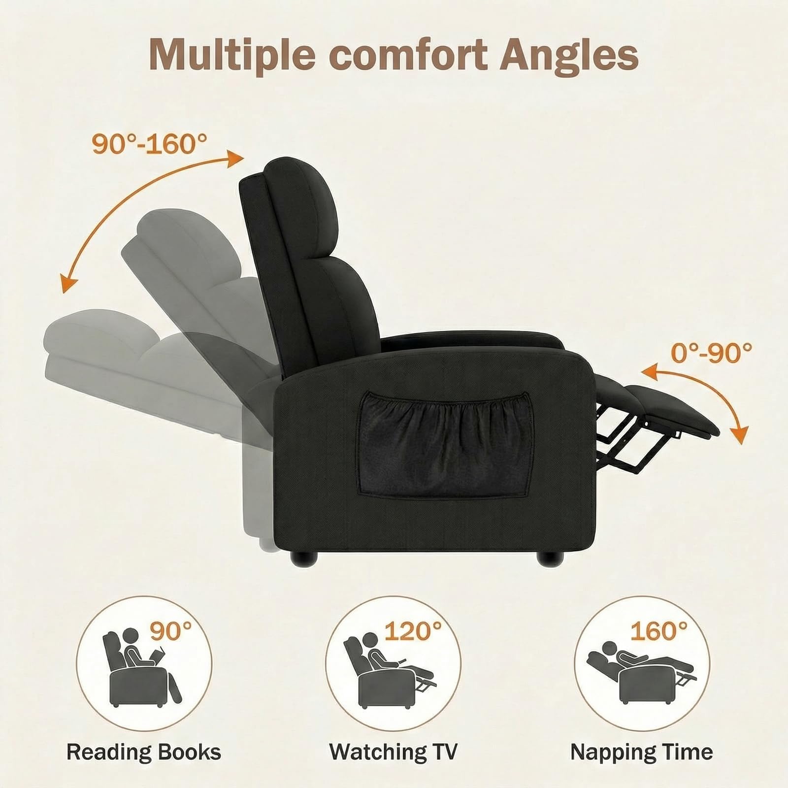 TLSUNNY Fabric Recliner Chair, Single Reclining Sofa with Thicker Seat Cushion and a Side Pocket, Home Theater Seating with Adjustable Backrest and Footrest, for Living Room, Linen (Black)