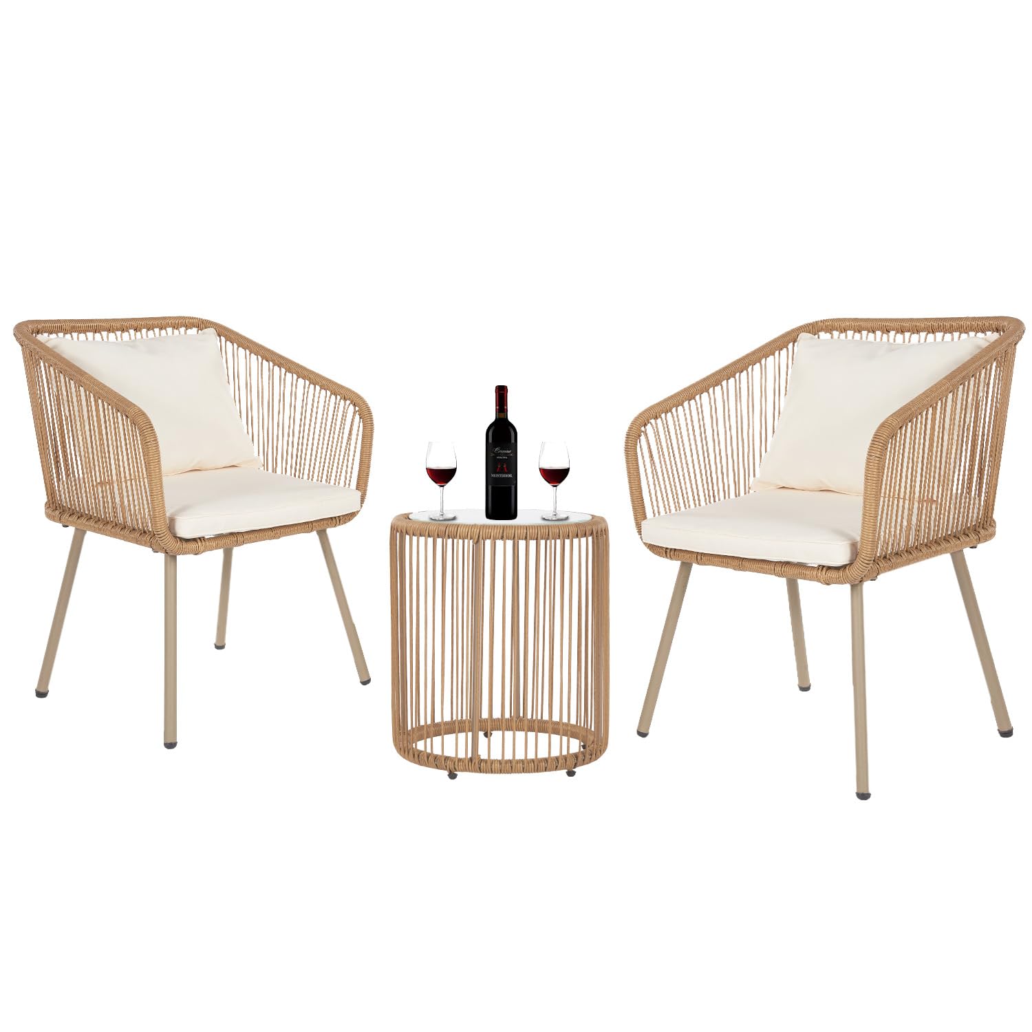 3-Piece Rattan Patio Bistro Set with Cushions