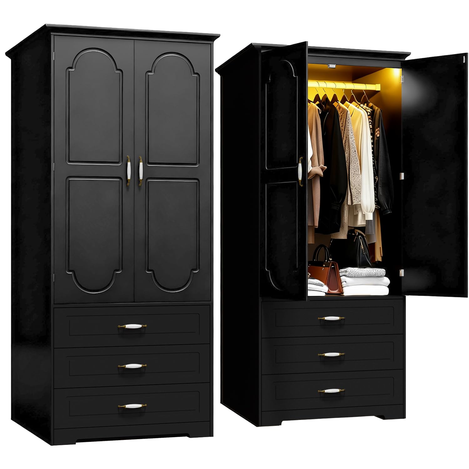 72" Wooden Armoire Wardrobe Closet with 3 Drawers and LED Light