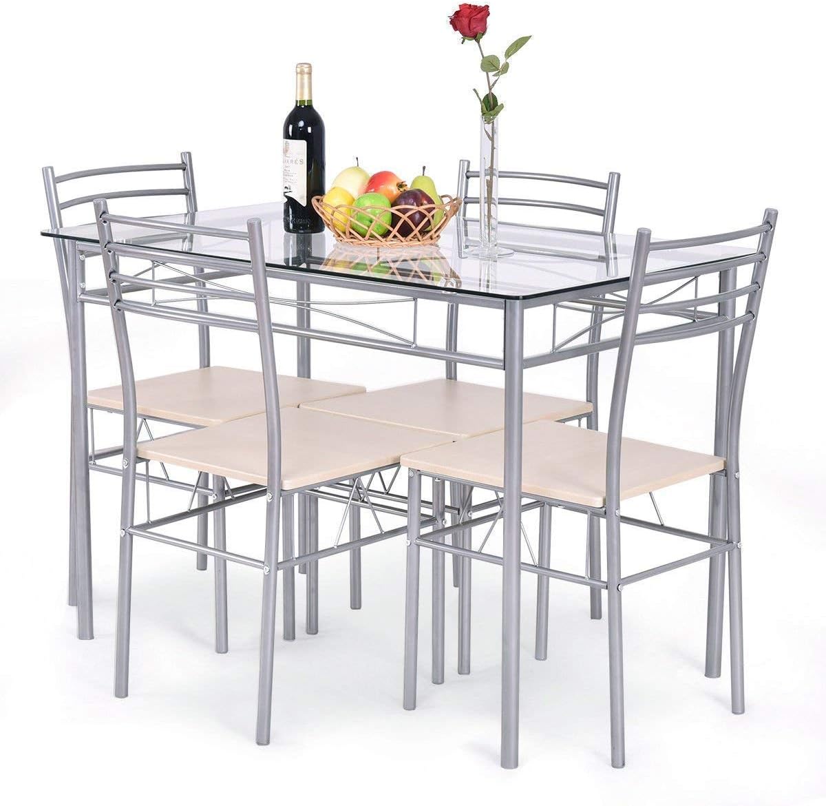 5-Piece Glass Top Dining Set with 4 Chairs