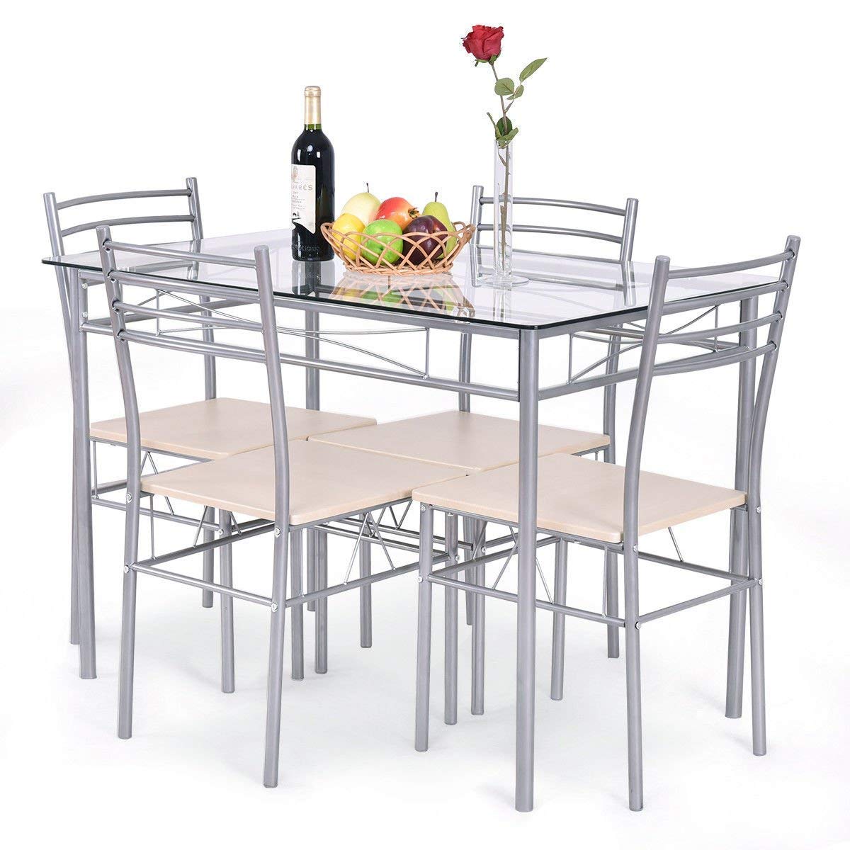 5-Piece Glass Top Dining Set with 4 Chairs