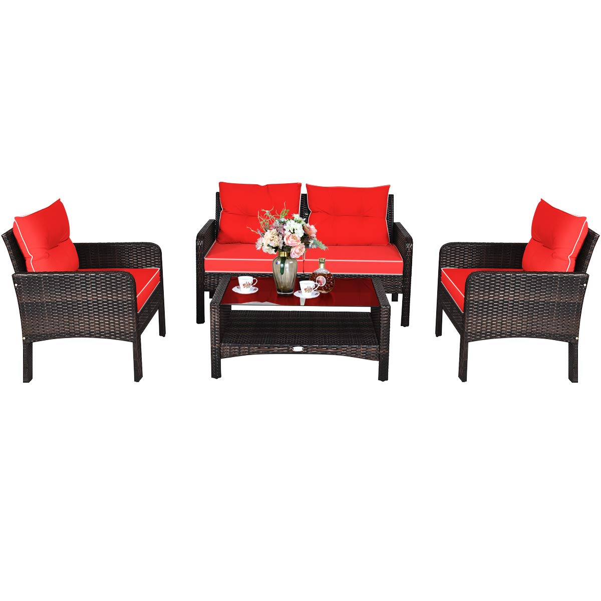 4 Piece Outdoor Patio Furniture Set with Glass Coffee Table