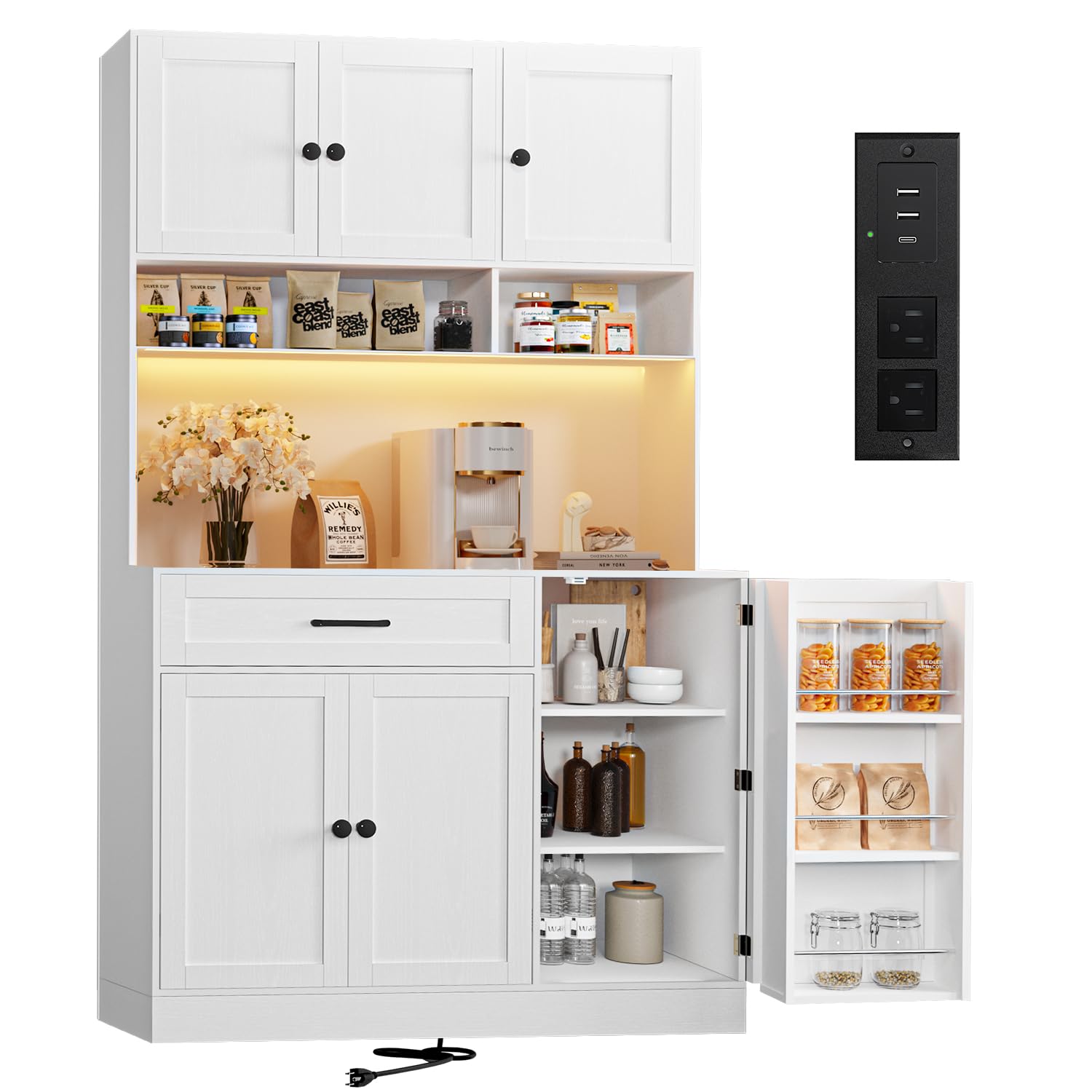 Kitchen Pantry Cabinet with LED Light and Charging Station