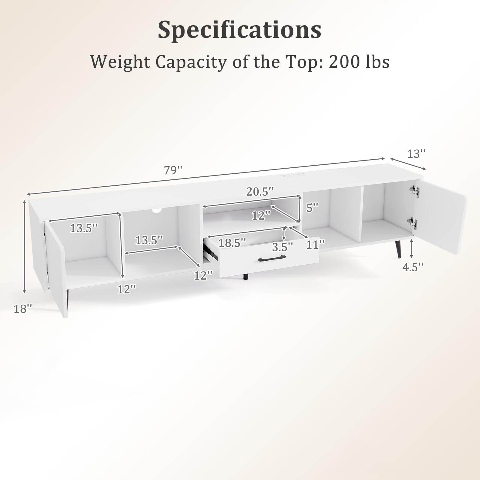 79" White TV Stand with Power Outlets and Storage