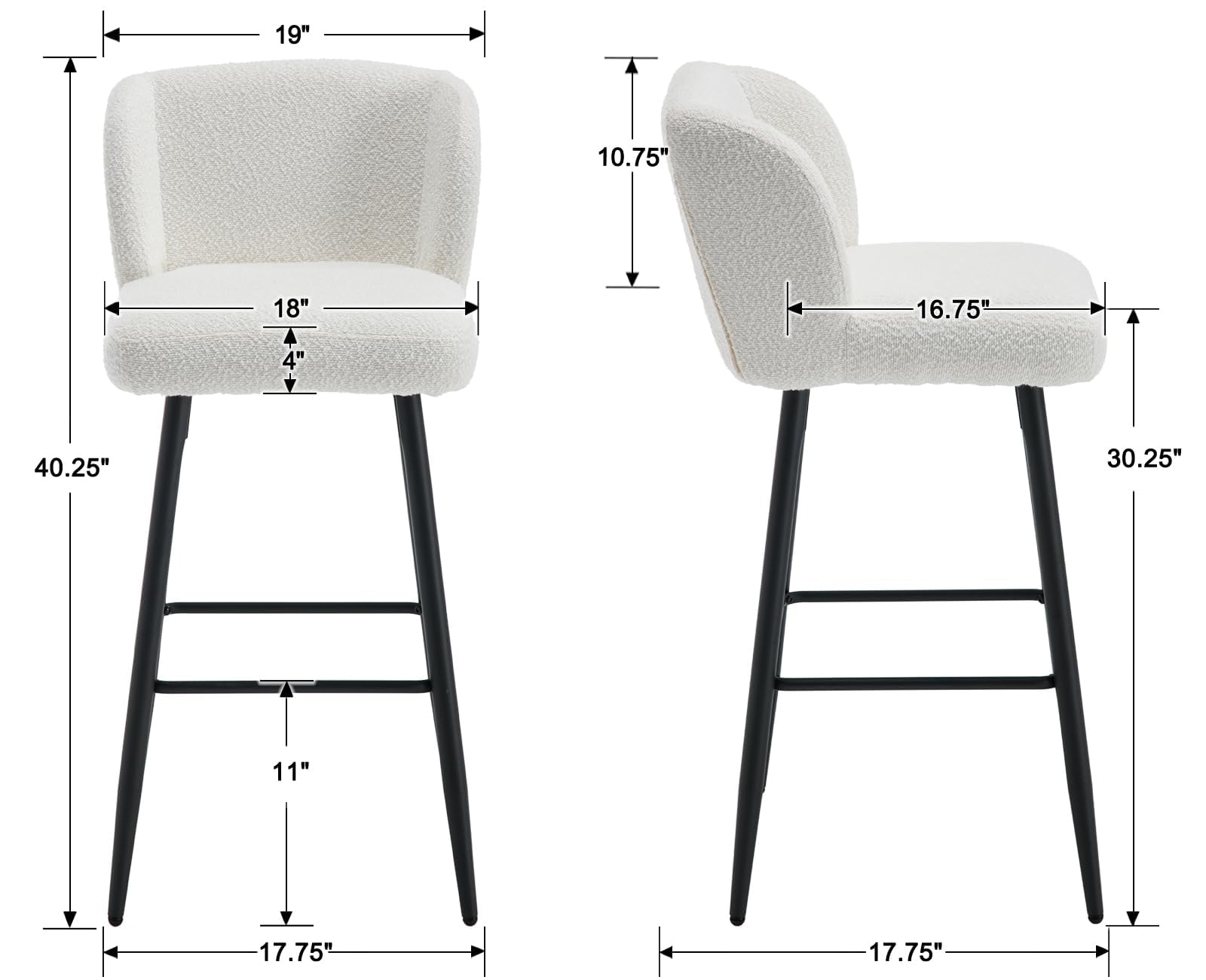Counter Height Bar Stools Set of 2 - Sherpa Boucle Upholstered with Back