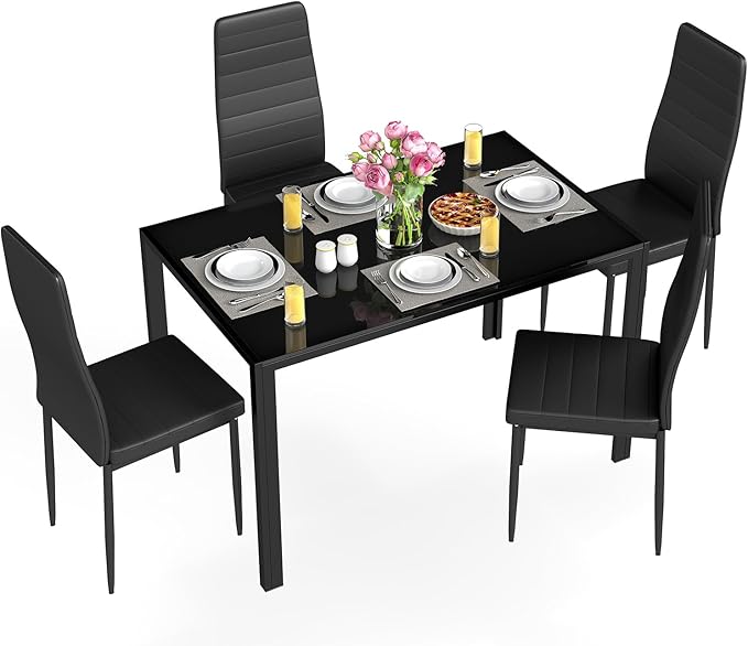 5-Piece Dining Table Set with Glass Top and Upholstered Chairs