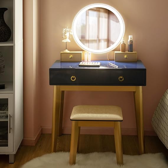 Navy Blue Vanity Desk with 3-Color Lighted Mirror and 4 Drawers
