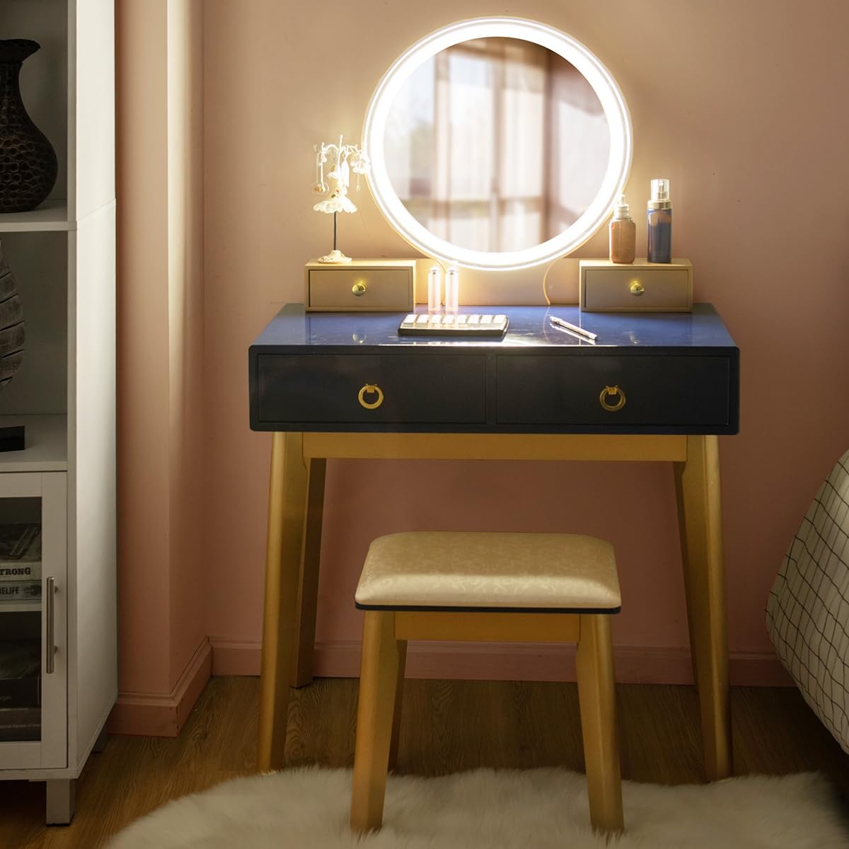 Navy Blue Vanity Desk with 3-Color Lighted Mirror and 4 Drawers