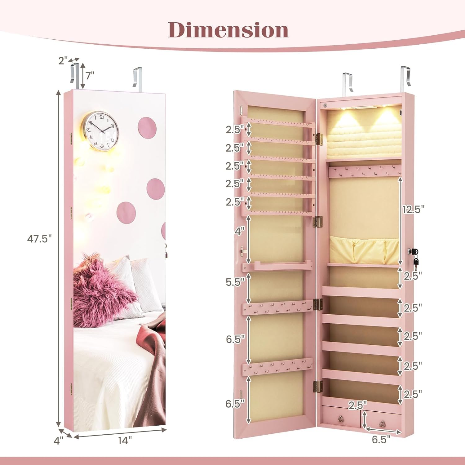 Mirrored Jewelry Armoire with Full-Length Mirror and LED Lights